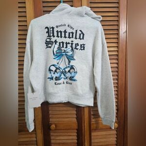 Love Theory NWT Gray Zip Up Hoodie Sealed Lips Cherry Graphic Size Large